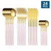 24pcs Set Stainless Steel Cutlery  Portuguese Cutlery Spoon  Western Cutlery Set   Gold   Pink
